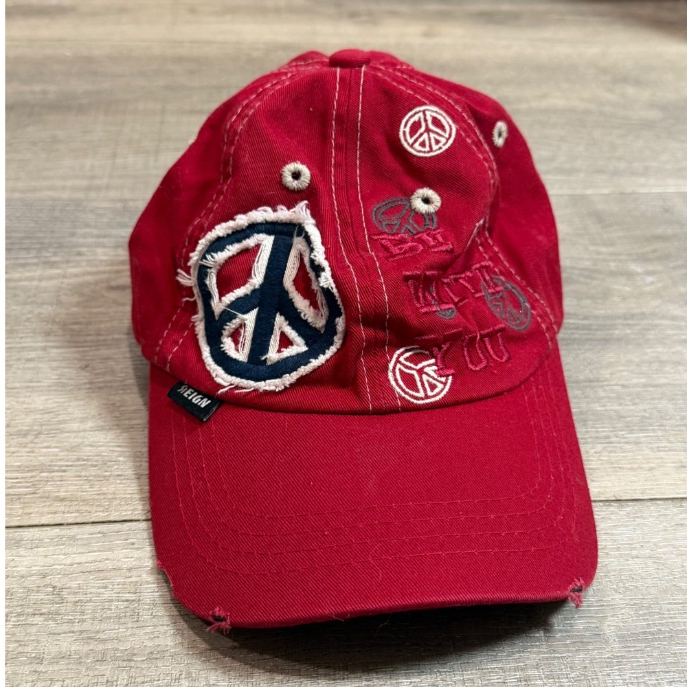Y2K Reign Red Peace Sign Distressed Adjustable Hat